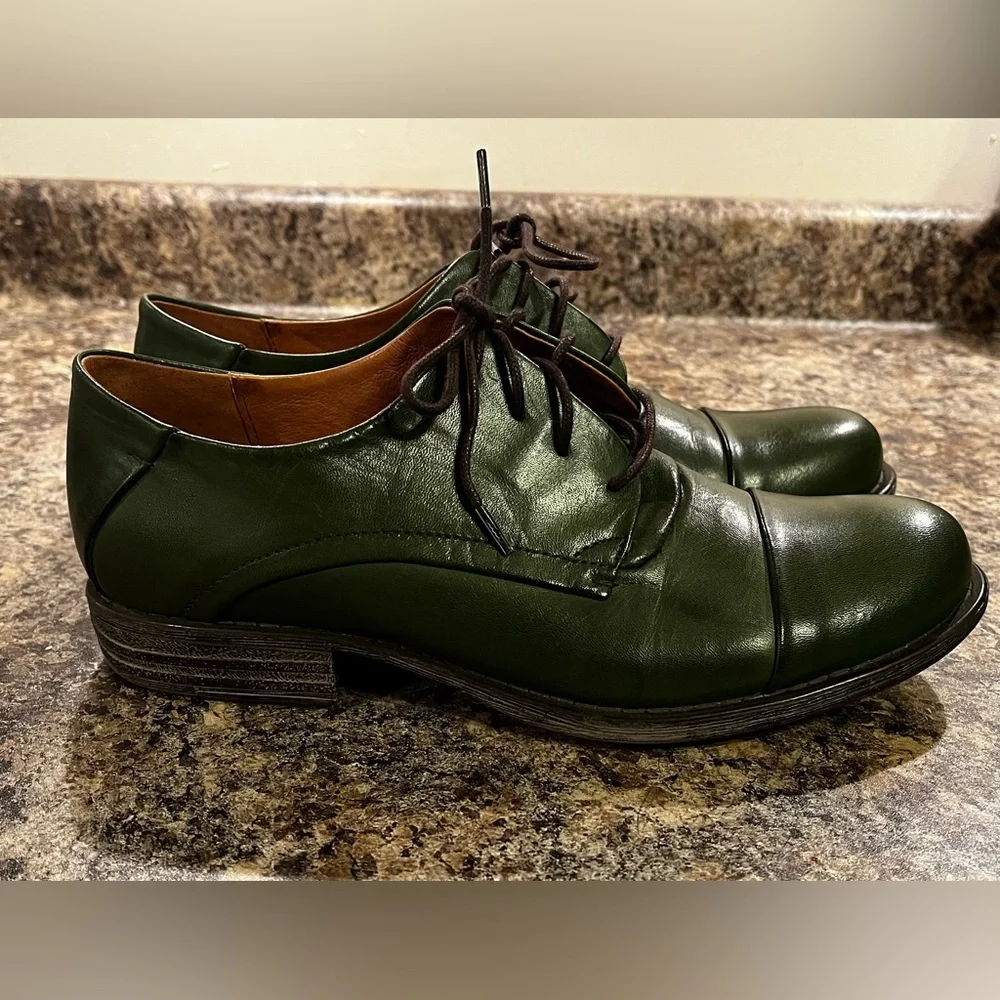 Miz Mooz Green Cap Toe Leather Derby Oxford Shoes Size 10 Lace Up Comfort Flat - Picture 5 of 13